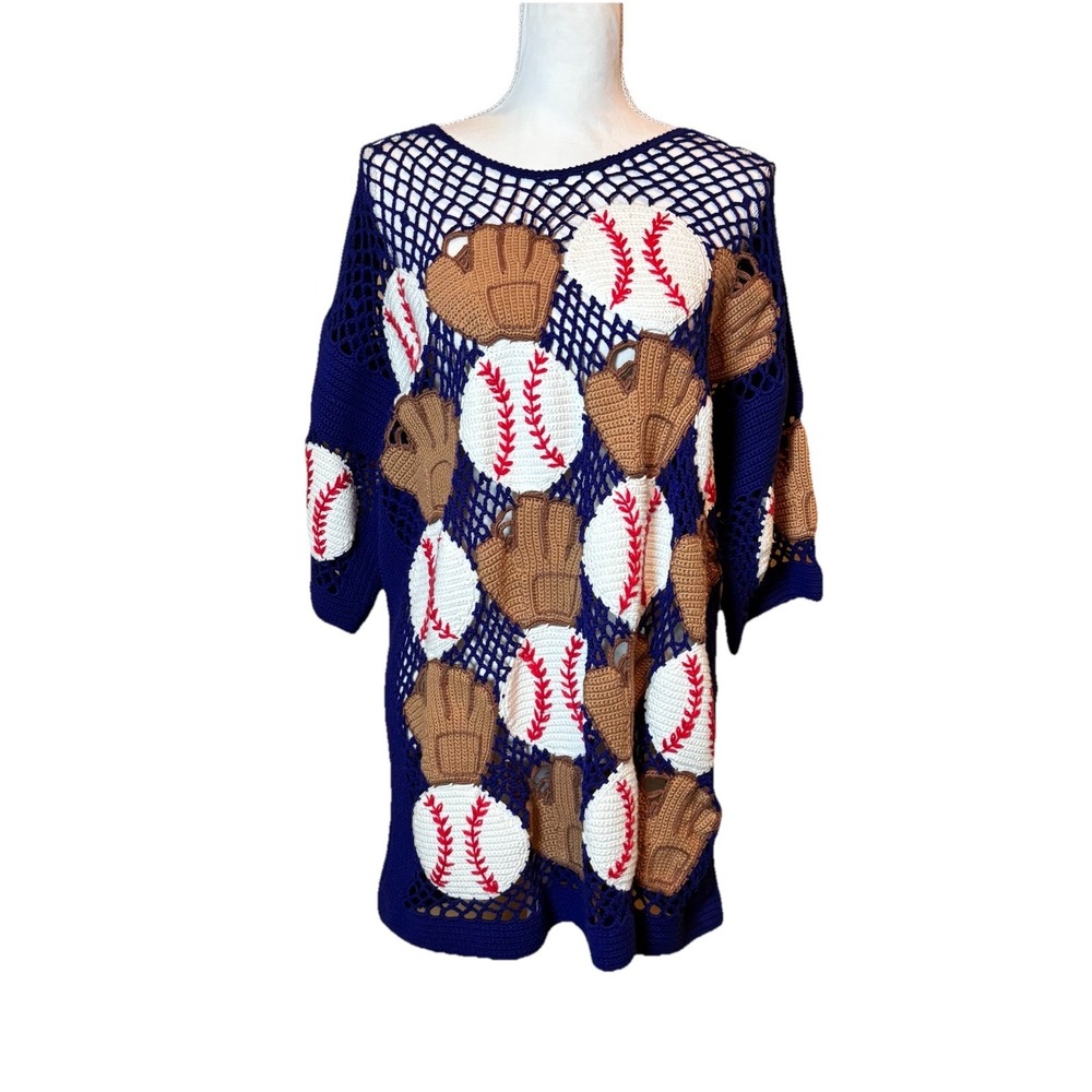 Vintage Berek2 Cotton Crochet Sweater Baseball‎ Glove Novelty Size M/L Blue